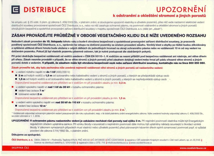 Upozornn k odstrann a okletn stromov a jinch porost foto-CEZ-1